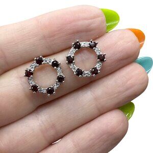 Garnet Red Round circle stud earrings gemstone jewelry fashion accessories NEW